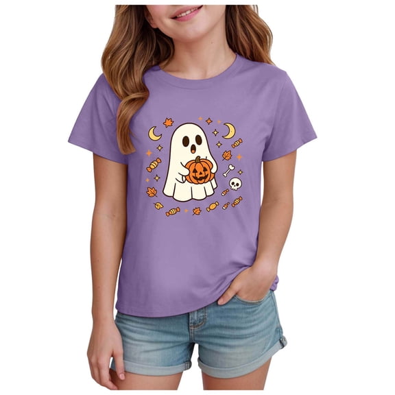 Kid Girls T Shirts Cartoon Moon Ghost Holding Pumpkin Cotton Short Sleeve Crew Neck Tee Tops for Party Purple 1-2 Years