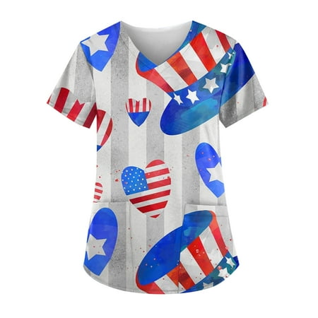 

Sksloeg Women Scrubs Tops Plus Size Breathable American Flag Star Print Shirts Tee Tops Short Sleeve V-Neck Nursing Working Uniform with Pockets Blue XL