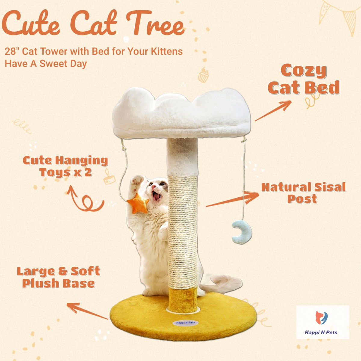 Happi N Pets 28" Tall Thick Cat Scratching Post, Small Cat Tree for Indoor Cats with Cloud Soft Perch & Bed, Cute Toys, Stable Stand, Removable Cover, Bonus Catnip