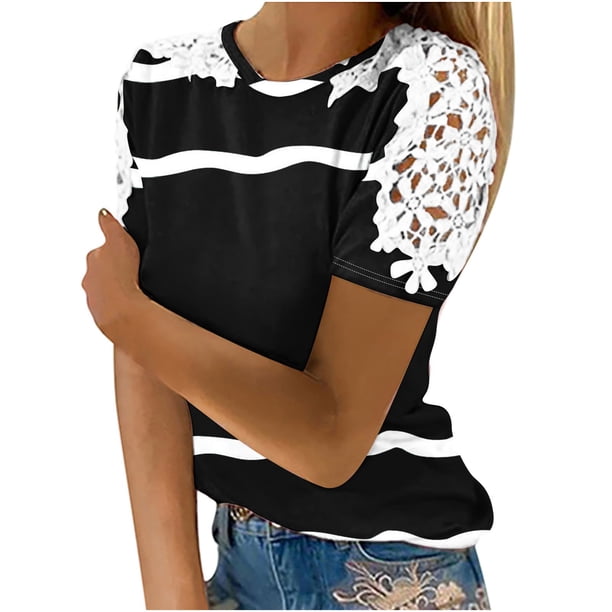 Camisas de Manga Corta para las Mujeres Impresión Cuello Redondo Suéter Encaje Camisa, Blusa de Verano Casual para las Mujeres
