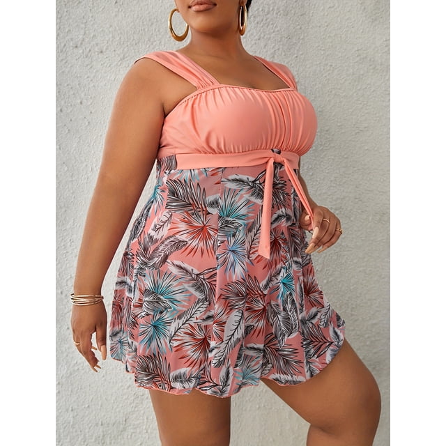 Ensemble Tankini Modeste Grande Taille, Robe Nouée à Imprimé Tropical Contrasté et Short, Maillot de Bain 2 Pcs pour la Fête du Roi