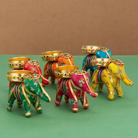 Swadeshi Desire Handcrafted Recycled Material Elephant Tealight Candle Holder Home Decoration Item for Diwali Decor (Multicolor, 8 X 5 X 10 Cm) - Pack of 6