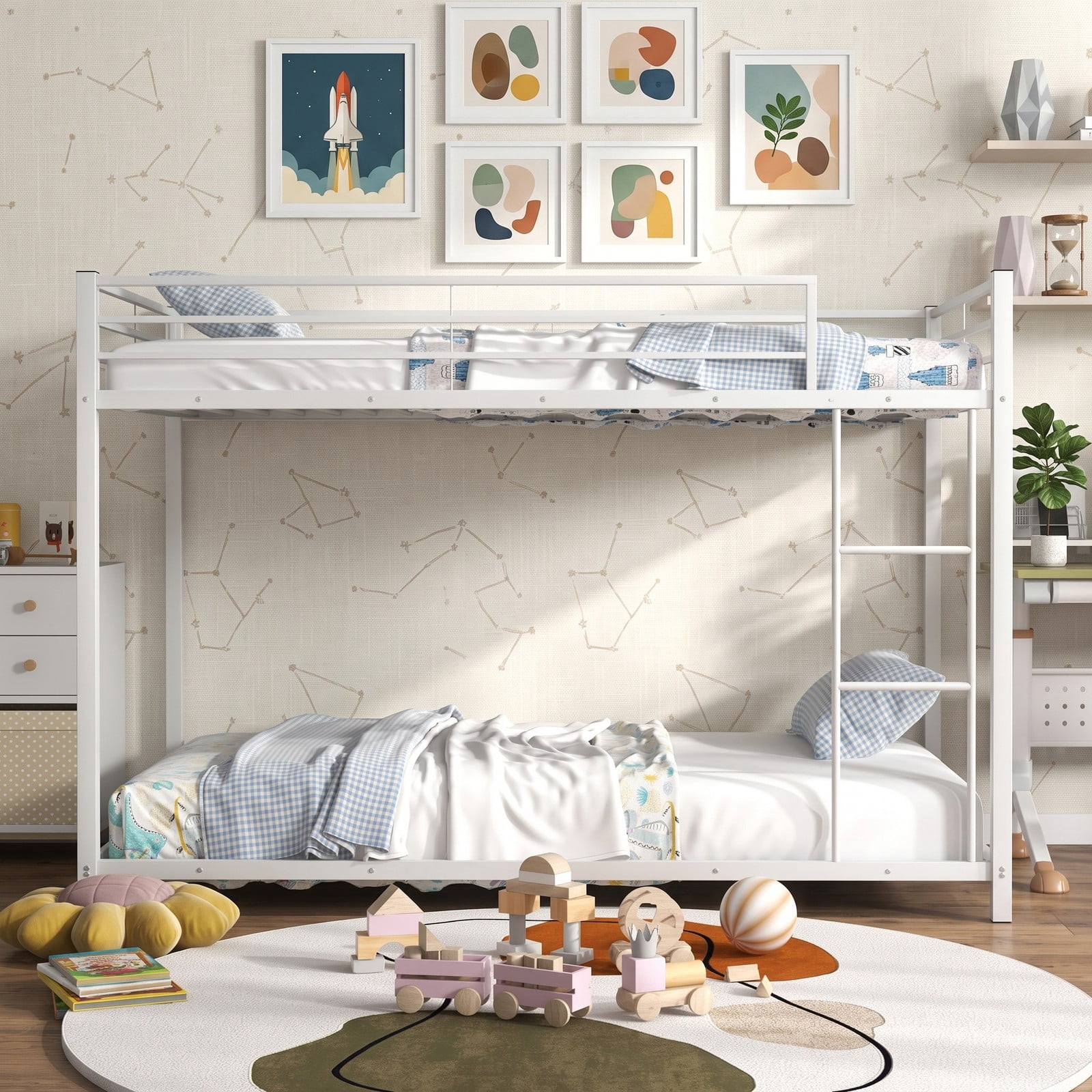 Furnibear Low Profile Twin Over Twin Metal Bunk Bed with Full-length Guardrails and Ladder for Kids and Shared Bedrooms, White