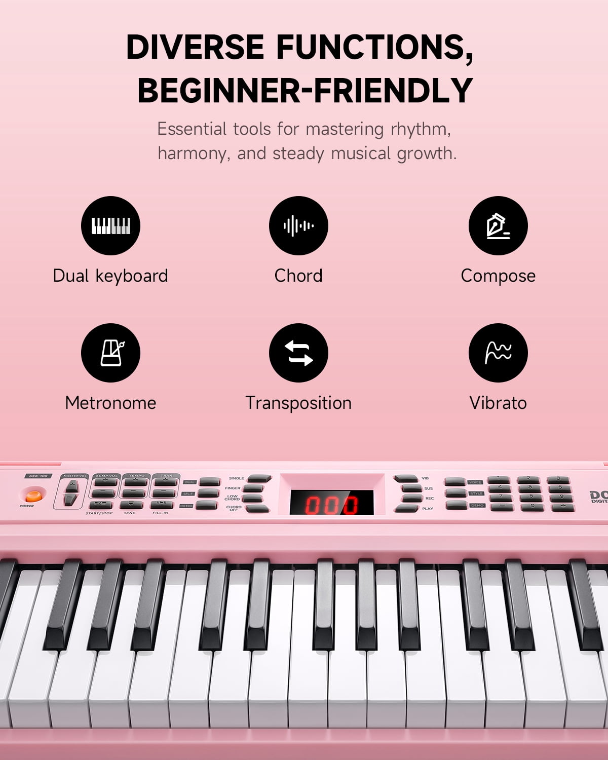 Donner DEK-100 61-Key Portable Digital Piano for Beginners, 128 Tones & Rhythms, Sustain Pedal, Auto Accompaniment, Lightweight & Compact, Pink