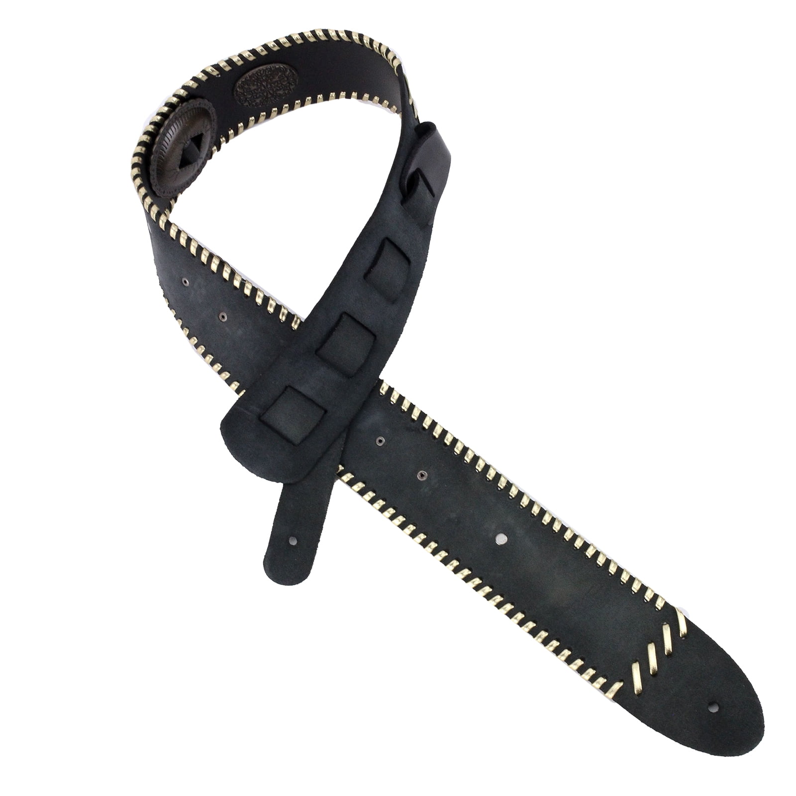 Walker Williams SP-236 Black Italian Leather Guitar Strap with Conchos Gold