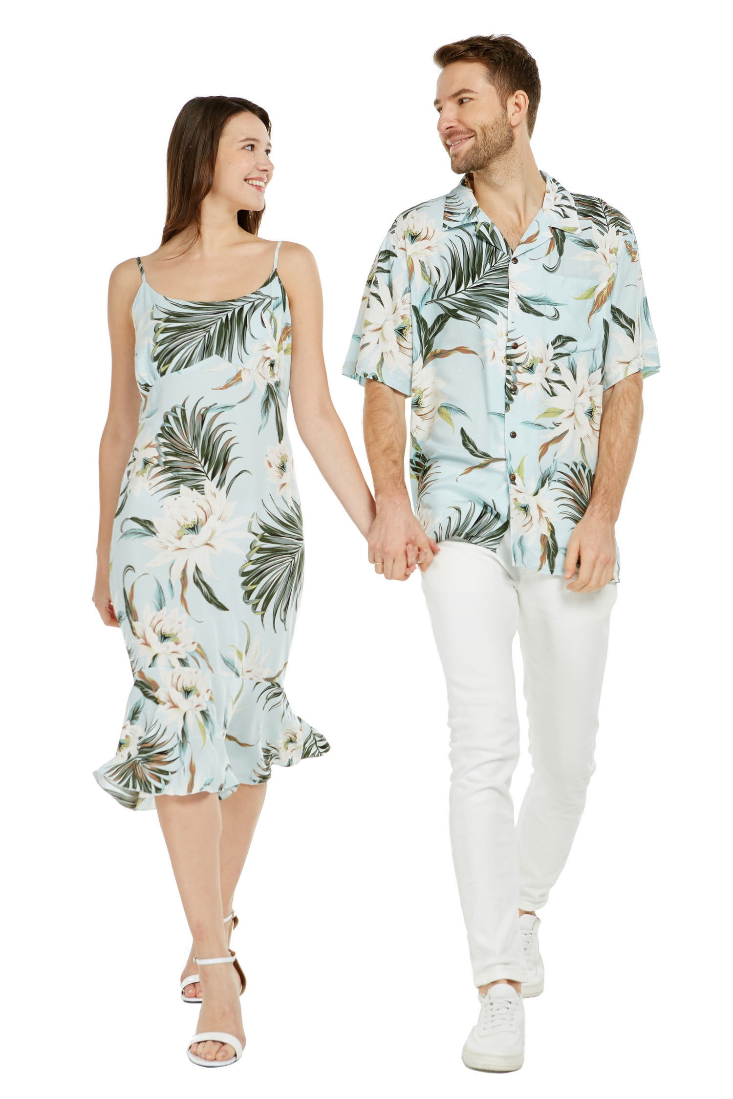 Couple Matching Hawaiian Luau Shirt Mermaid Dress Wispy Cereus Black ...