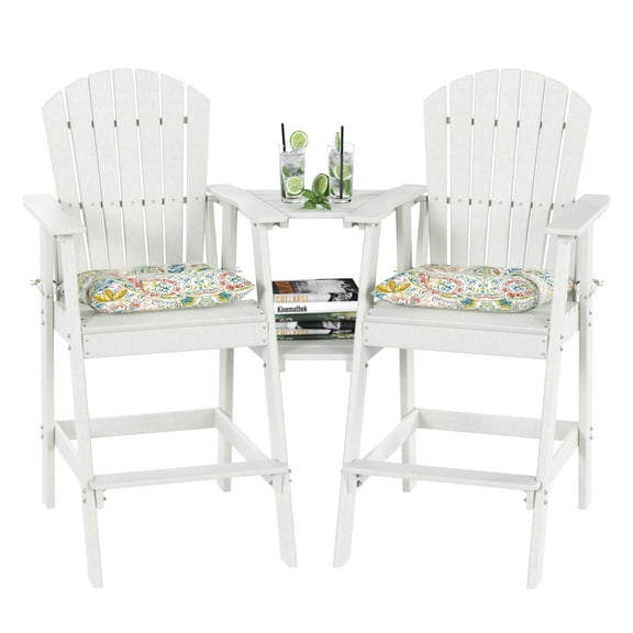 Tall Adirondack Chairs Set of 2 with Table, Patio HDPE Bar Set, 3 PCS Counter Height Dining Bistro Set, Pub Table with Stools, 2 Umbrella Hole Caps, White