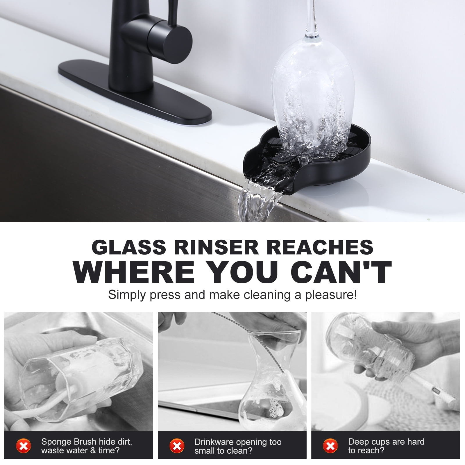 Wowow 6.3 in. Cup Rinser for Kitchen Sink, Matte Black Glass Rinser for Sink