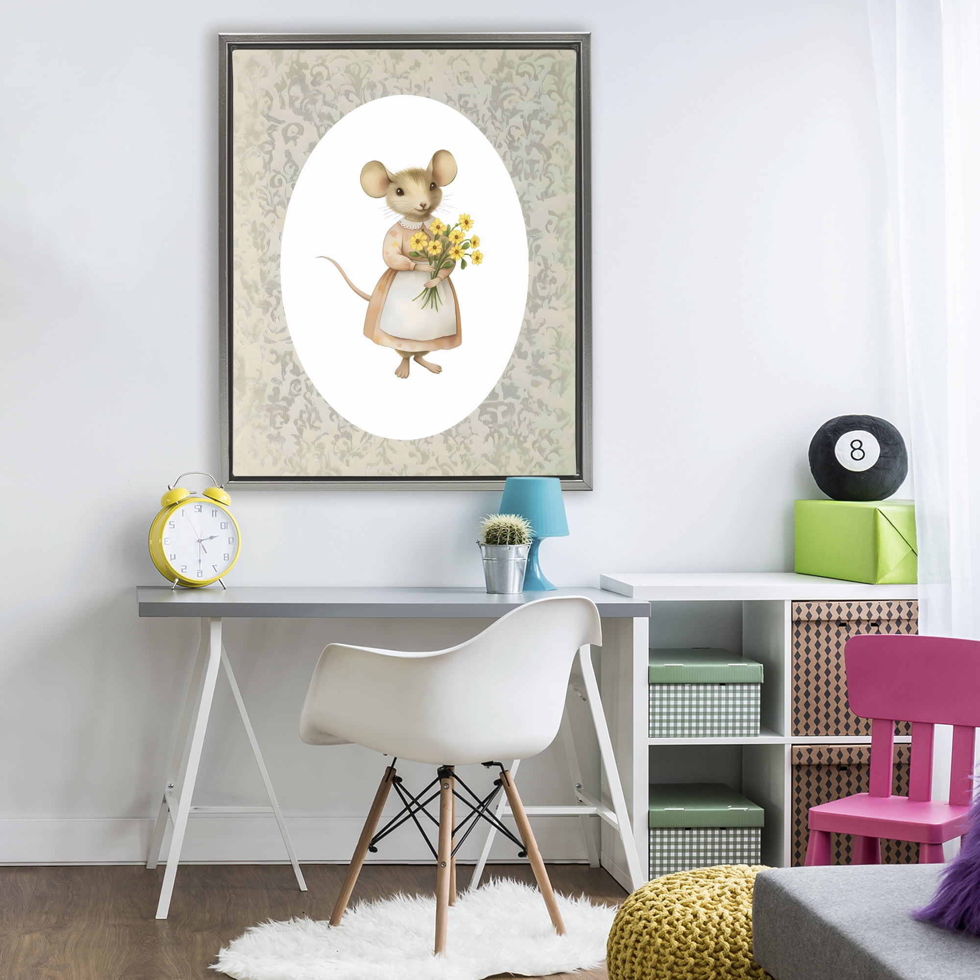 Stupell Industries Little Mouse with Flowers Gray Framed Floater Canvas Wall Art, design by Arlington Prints