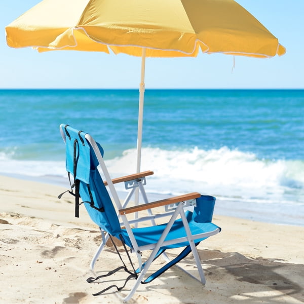 2 Pack Beach Chairs with Headrest & Cup Holder, Portable Backpack Camping Chairs 4-Position Lightweight Folding Chairs Support 265lbs - Blue
