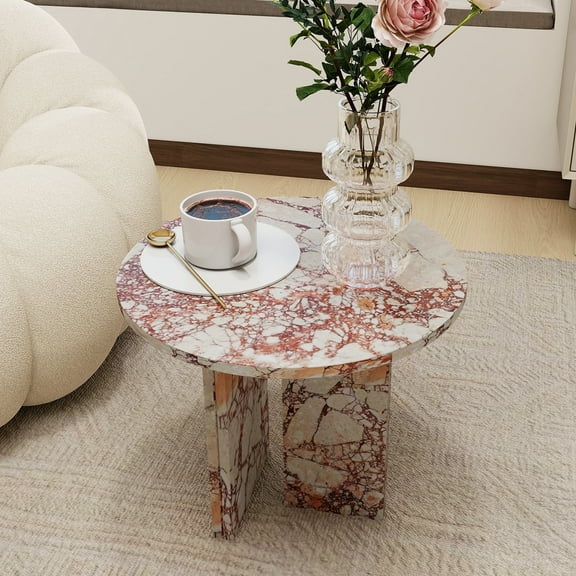 MDQMD Real Marble Coffee Table,Modern Round Coffee Table for Living Room,Pink Natural Marble Center Table for Home Decor