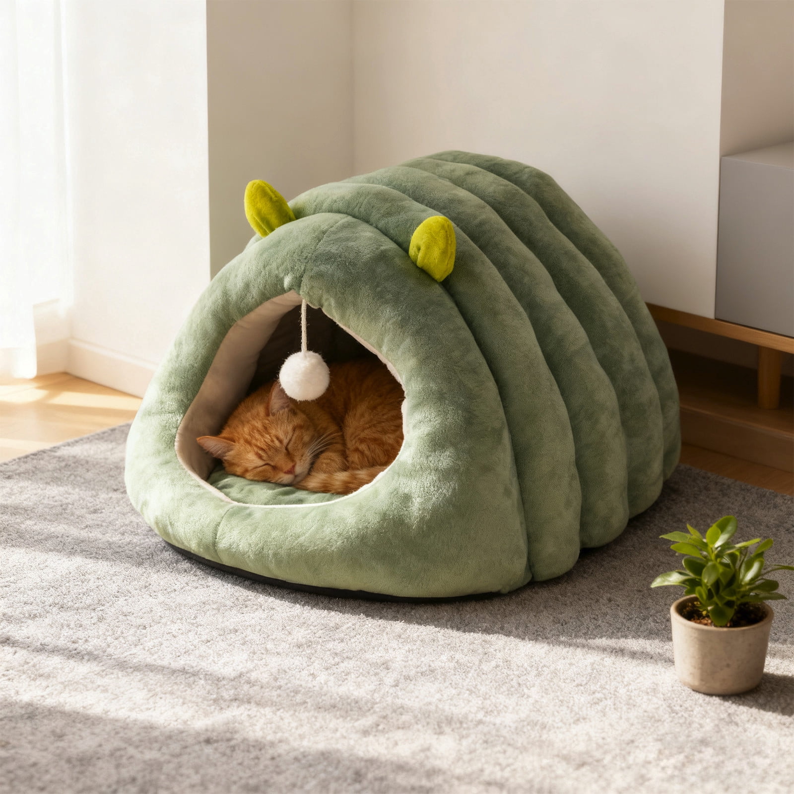 Green Upgraded Calming Pet Bed - Fluffy Plush Anti-Anxiety Cuddler Bed for Cats & Dogs, Warm Winter Snuggle Bed with Removable Cushion