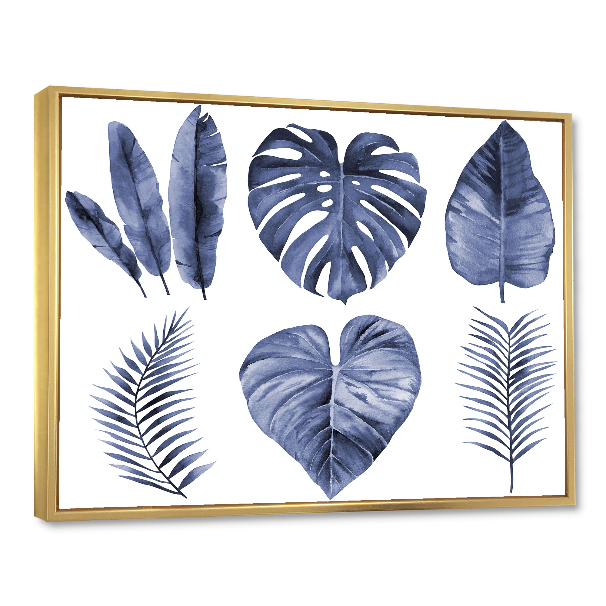 Designart 'Blue Watercolour Tropical Leaves I' Farmhouse Framed Canvas Wall Art Print