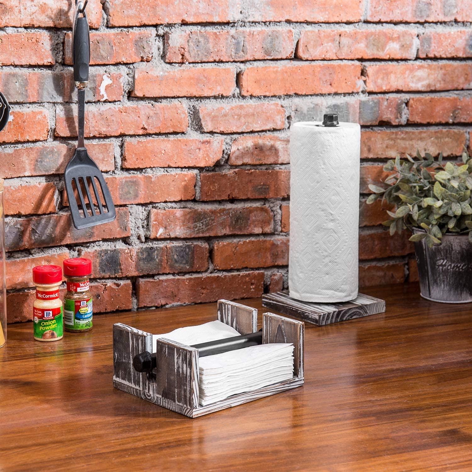 MyGift Wood and Metal Paper Towel and Napkin Holder Set, Industrial Kitchen Decorative Organizer