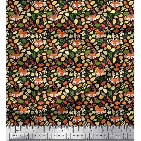 Soimoi Cotton Duck Fabric Leaves & Fox Face Cartoon Printed Fabric 1 Yard 42 Inch Wide