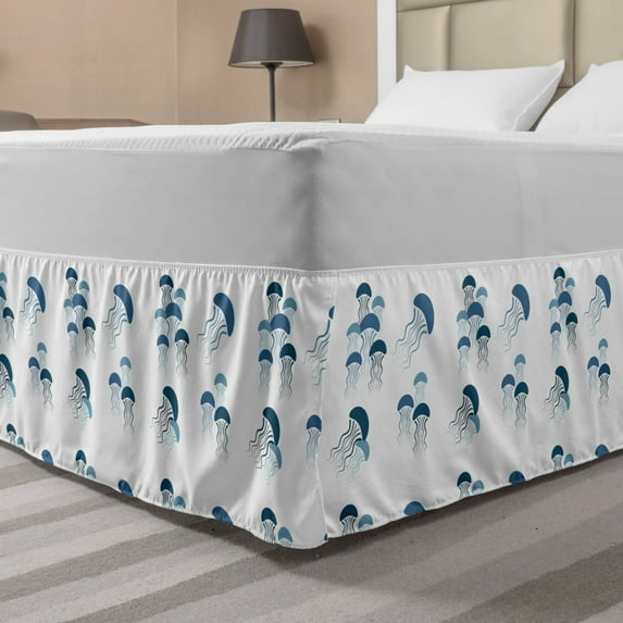 Aqua Jellyfish Bed Skirt, Simplistic Layout of Floating Underwater Elements Wavy Tentacles, Elastic Bedskirt Dust Ruffle Wrap Around for Bedding Decor, 4 Sizes, Dark Sky Blue White, by Ambesonne