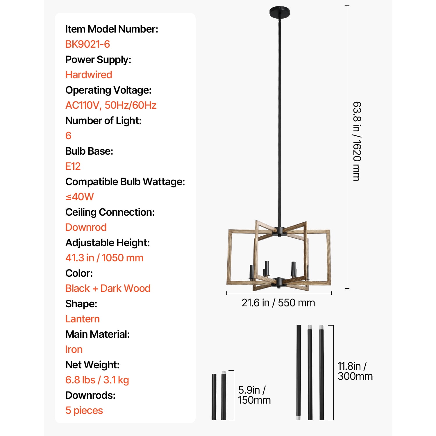 KFFKFF 6-Light Metal Chandelier, Adjustable Farmhouse Ceiling Fixture, Ideal for Dining, Bedroom, Foyer, Kitchen, Living Room, and Entryway