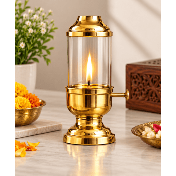 SHRI SHYAM STORE Gold Brass Diya Lantern with Glass Cover, Traditional Decorative Oil Lamp for Diwali, Pooja & Home Dcor