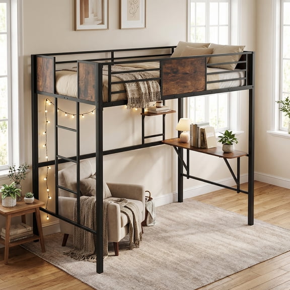 ELLEGNT Space-Saving Twin Loft Bed with Built-in Desk – Heavy-Duty Metal Frame with Guardrail and Ladder