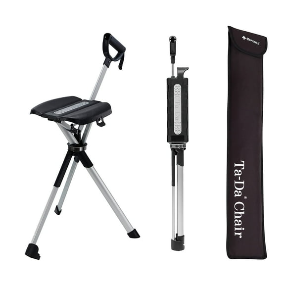 STEP2GOLD Ta-Da Chair Series 2 - Bastón portátil, bastón con asiento, silla plegable, bastón de senderismo, para camping, senderismo, aluminio ligero, fácil de transportar, antideslizante (34,2"/negro