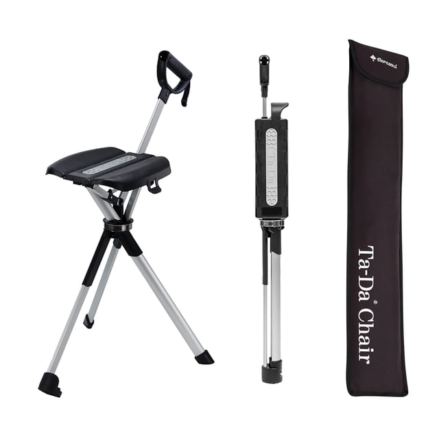 STEP2GOLD Ta-Da Chair Series 2 - Bastón portátil, bastón con asiento, silla plegable, bastón de senderismo, para camping, senderismo, aluminio ligero, fácil de transportar, antideslizante (34,2"/negro
