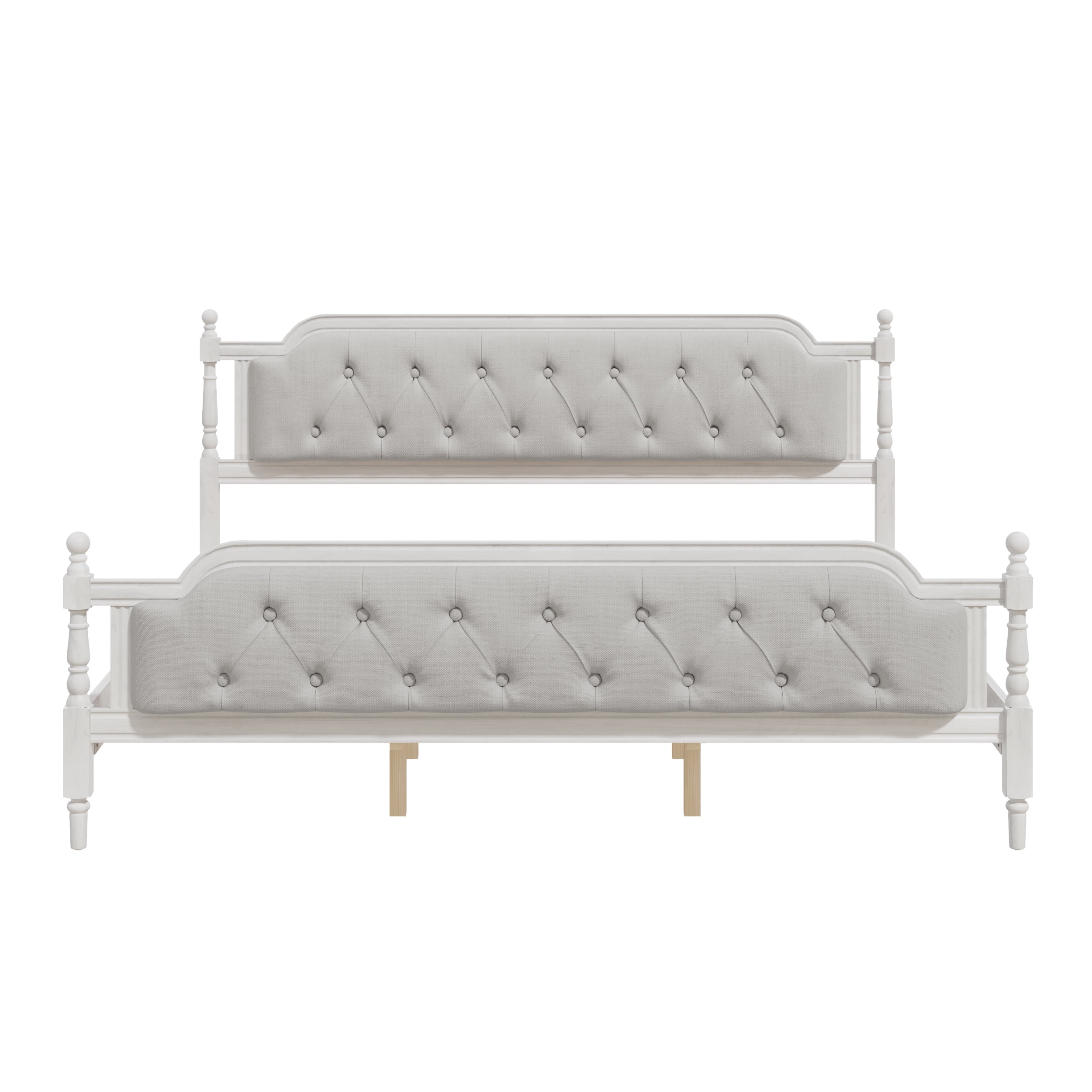 MAYEERTY King Traditional Solid Wood Bed Frame Upholstered Tufted Headboard for Bedroom Antique White
