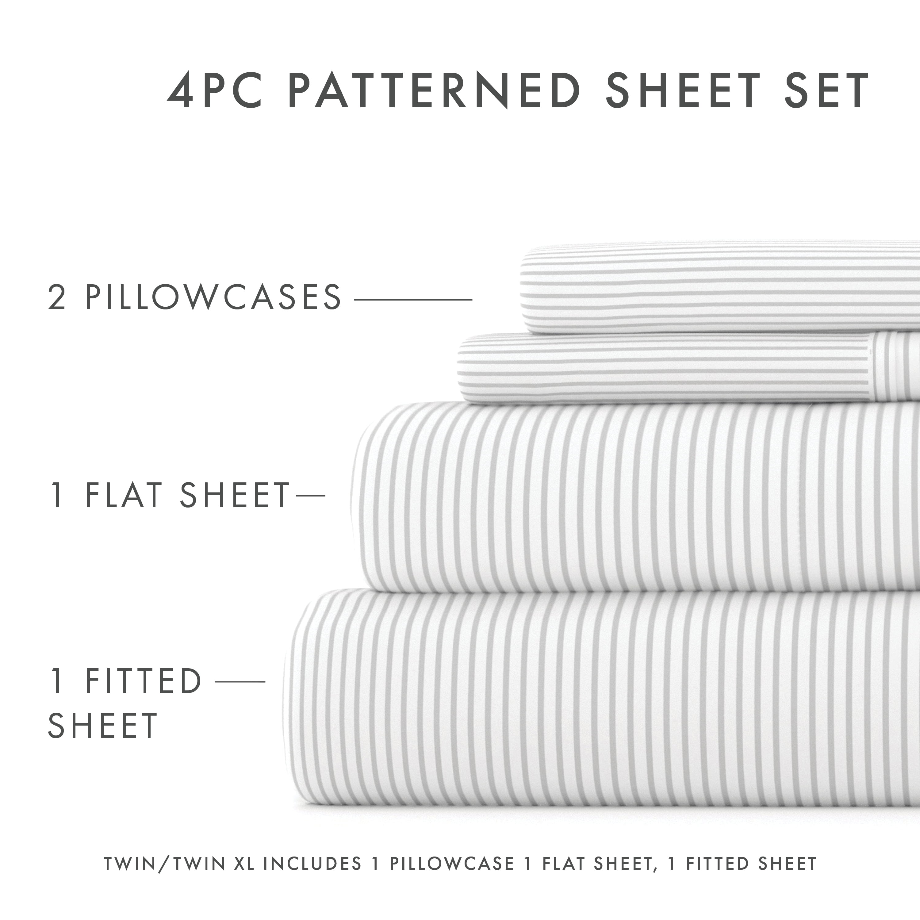 Noble Linens 4 Piece Pattern Microfiber Bed Sheets Set, Light Gray Pinstriped, King