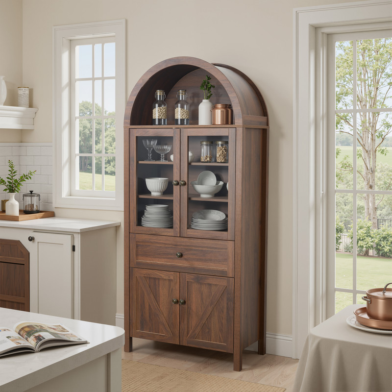 PAPROOS 71'' Arched Pantry Storage Cabinet, Kitchen Pantry Cabinet with Drawers and Doors, Adjustable Shelves, Display Cabinet for Dining Room Living Room, Walnut Brown