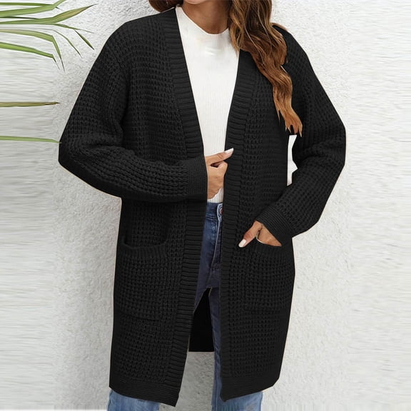 WFJCJPAF Clearance! Pullover Sweaters for Women Hooded,Women's Fashion Solid Color Knitting Long Sleeve Pockets Cardigan Sweater Coat Tops - Black S