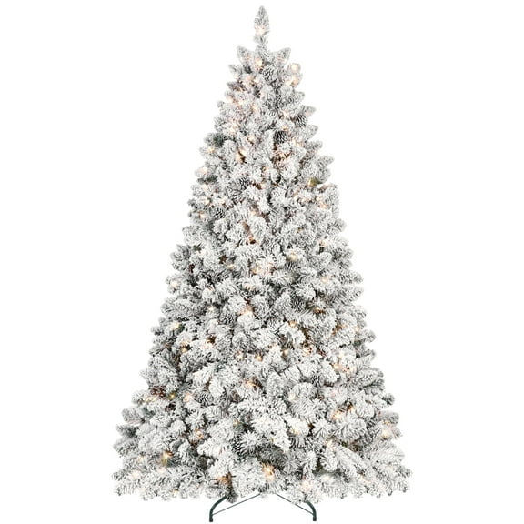 Leadtron 4ft Pre-Lit Flocked Christmas Tree, Artificial Xmas Tree with 150 Warm White LED Lights & Pine Cones, Hinged Metal Stand for Indoor Home Decor