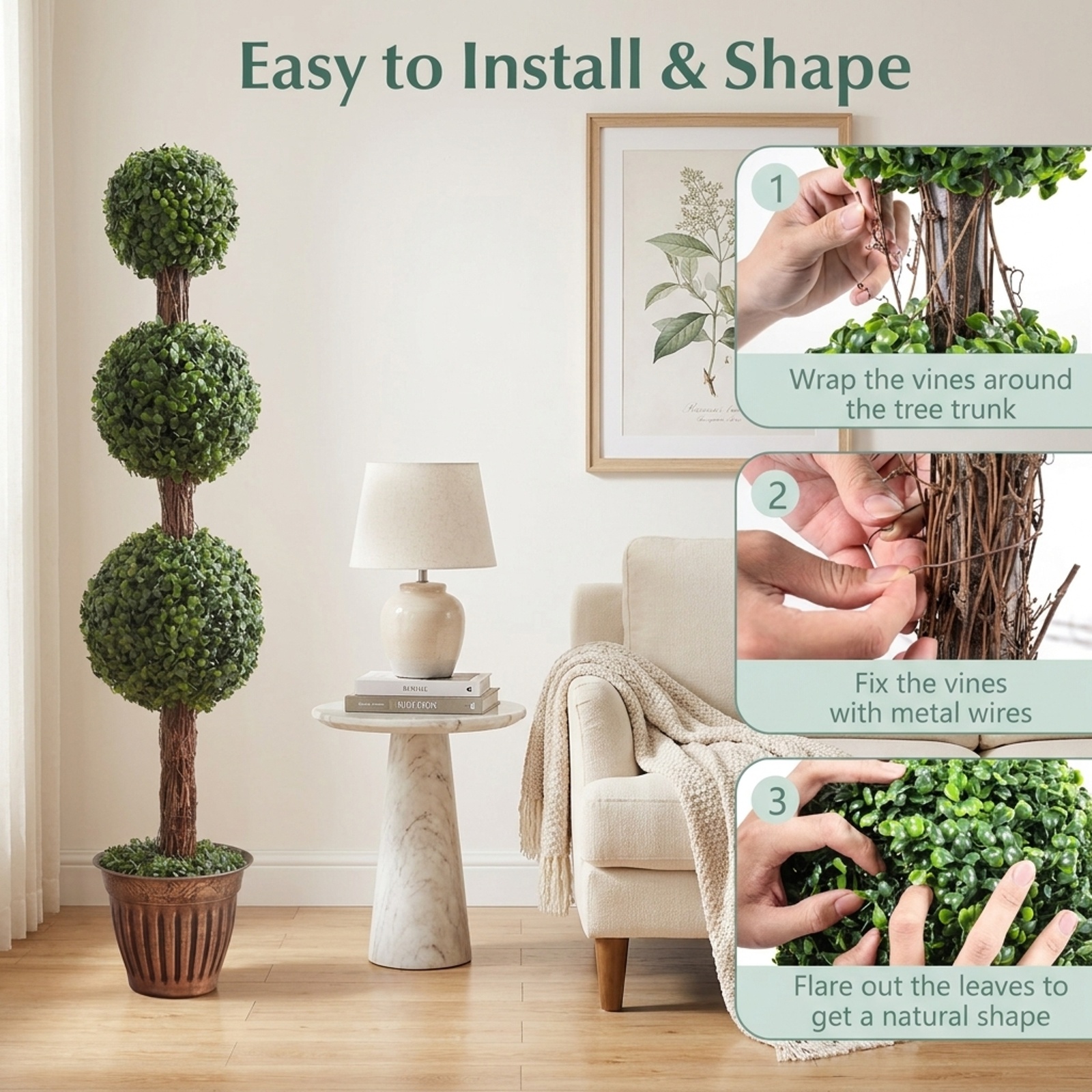Vebreda Artificial Plant Decor, 4 FT Artificial Triple Ball Boxwood Tree with Cement-filled Retro Planter, Realistic & Inviting Appearance