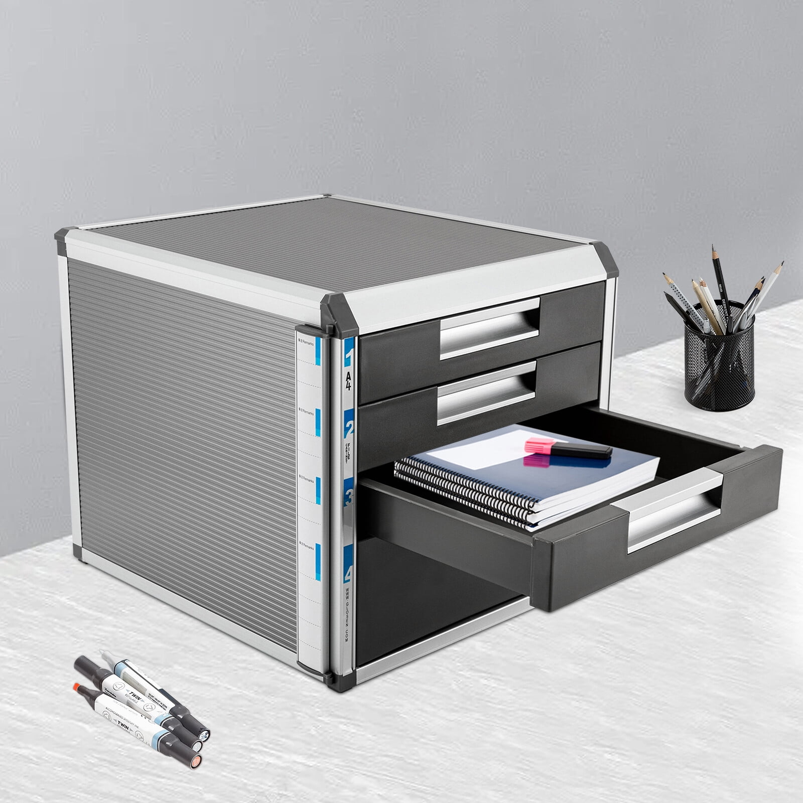 Home Office Books File Locking Storage Cabinet 4 Layers Desktop Drawer Organizer
