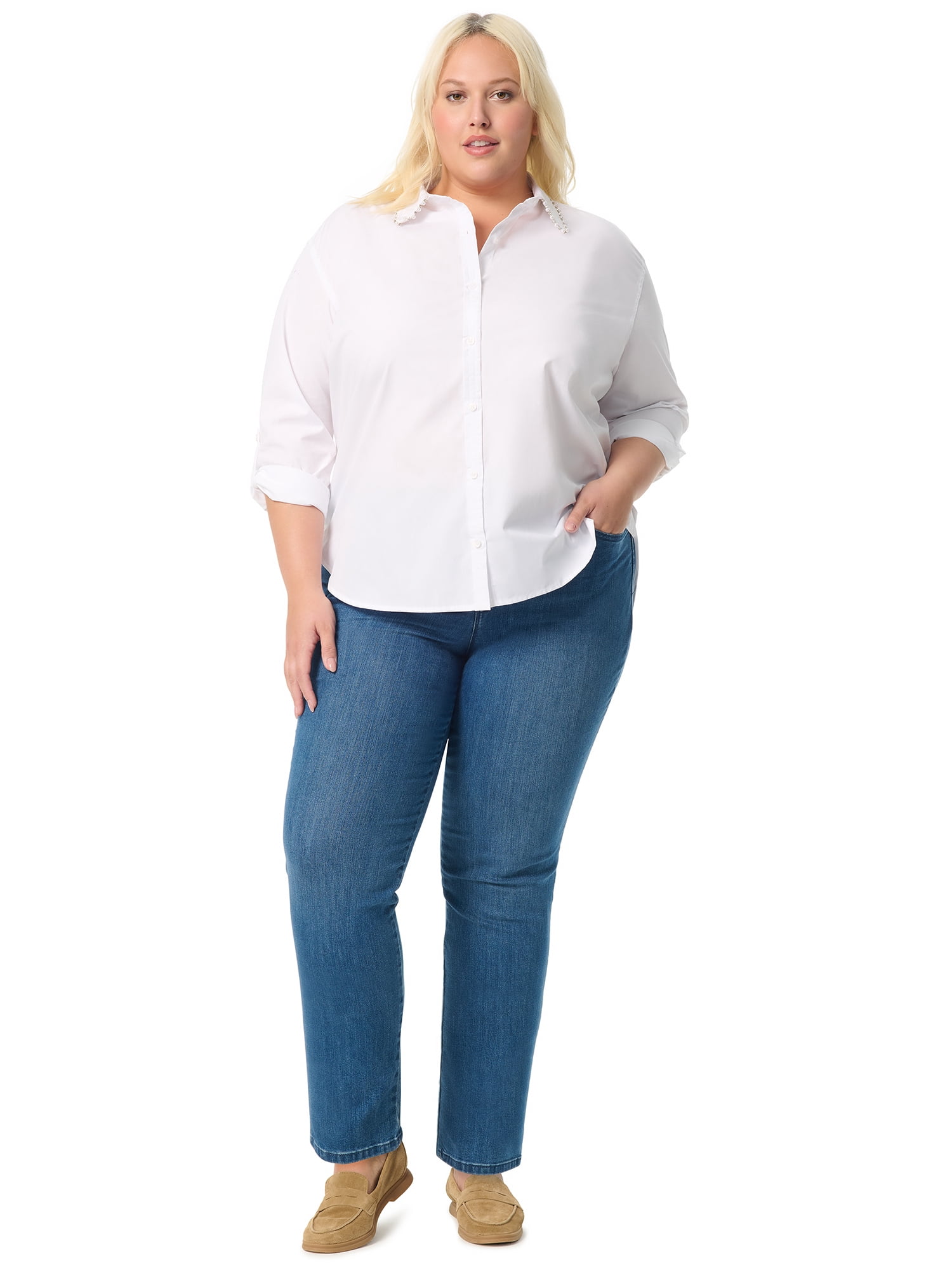 Gloria Vanderbilt Swan Series Women's Plus Amanda Shirt with Embellished Collar, Sizes 0X-4X