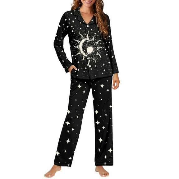 FOR U DESIGNS Black Galaxy Womens Nightwear Sets Button Front 2 Piece Pajama Tops for Women Soft Comfy Button Size XS Long Sleeve Button Up Pajamas for Women Jogger