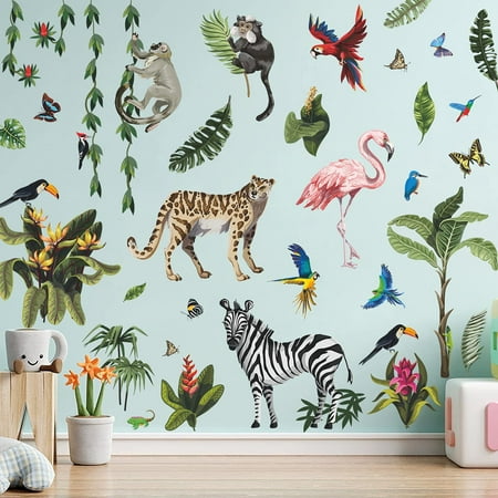 TESNN Removable 3D Nature Wildlife Animals with Plants Green Leaves Tree Vine Wall Sticker Monkey Birds TESNN Removable 3D Nature Wildlife Animals with Plants Green Leaves Tree Vine Wall Sticker Monkey Birds