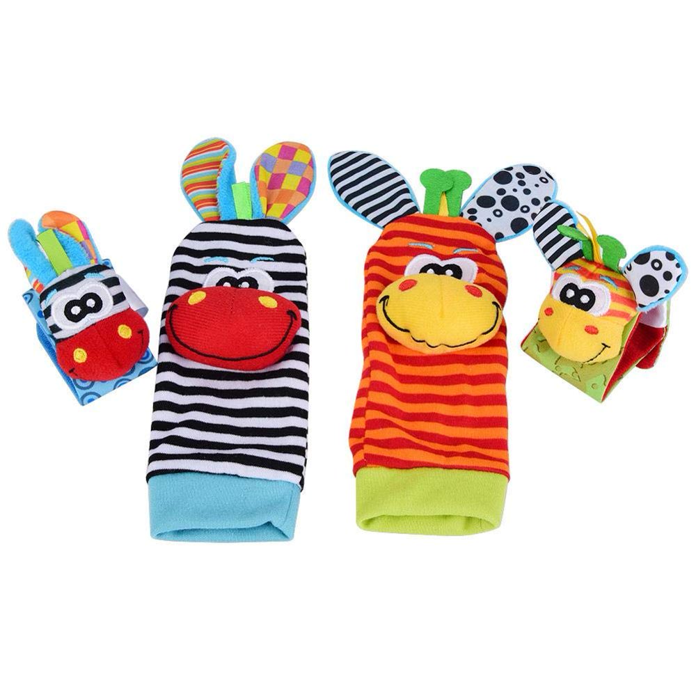 LNGOOR Baby Socks,Wrist Rattles Toys 4 pcs Cute Animal Soft Newborn
