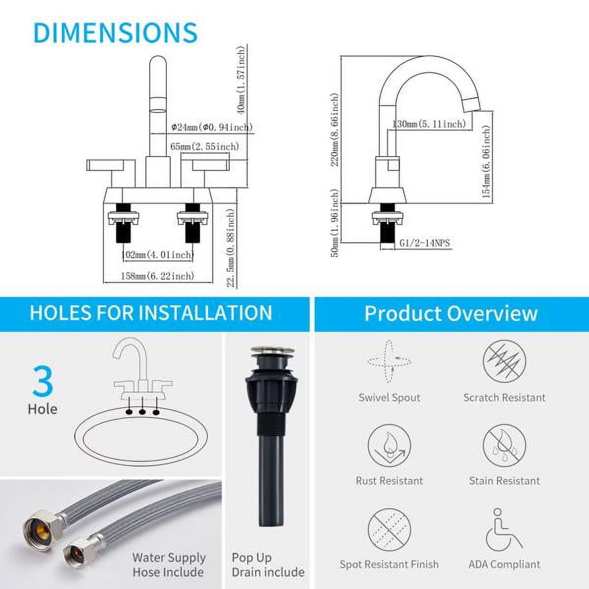 2-Handle Brushed Nickel Bathroom Faucet, 4" Centerset 3-Hole Vanity Sink Faucet