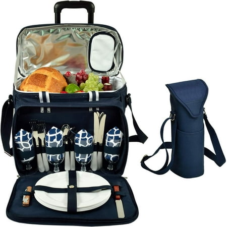 

original equipped cooler on wheels for 4 - extra wine tote - designed and assembled in california - trellis blue