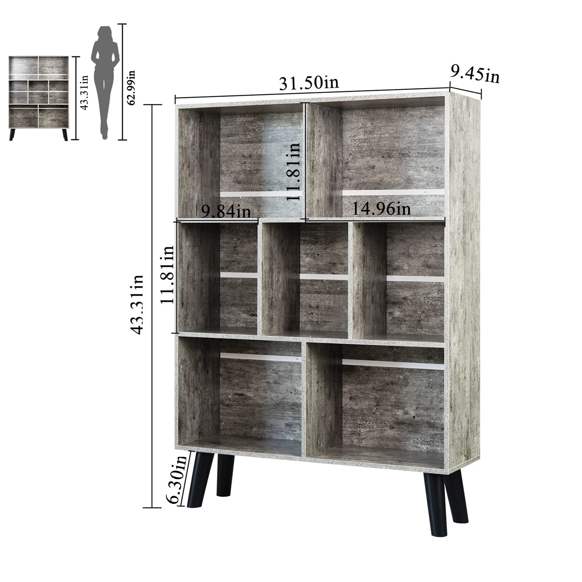 Aukfa 43" Tall Storage Organizer Wooden 7 Cube Bookcase with Legs for Home Office, Gray