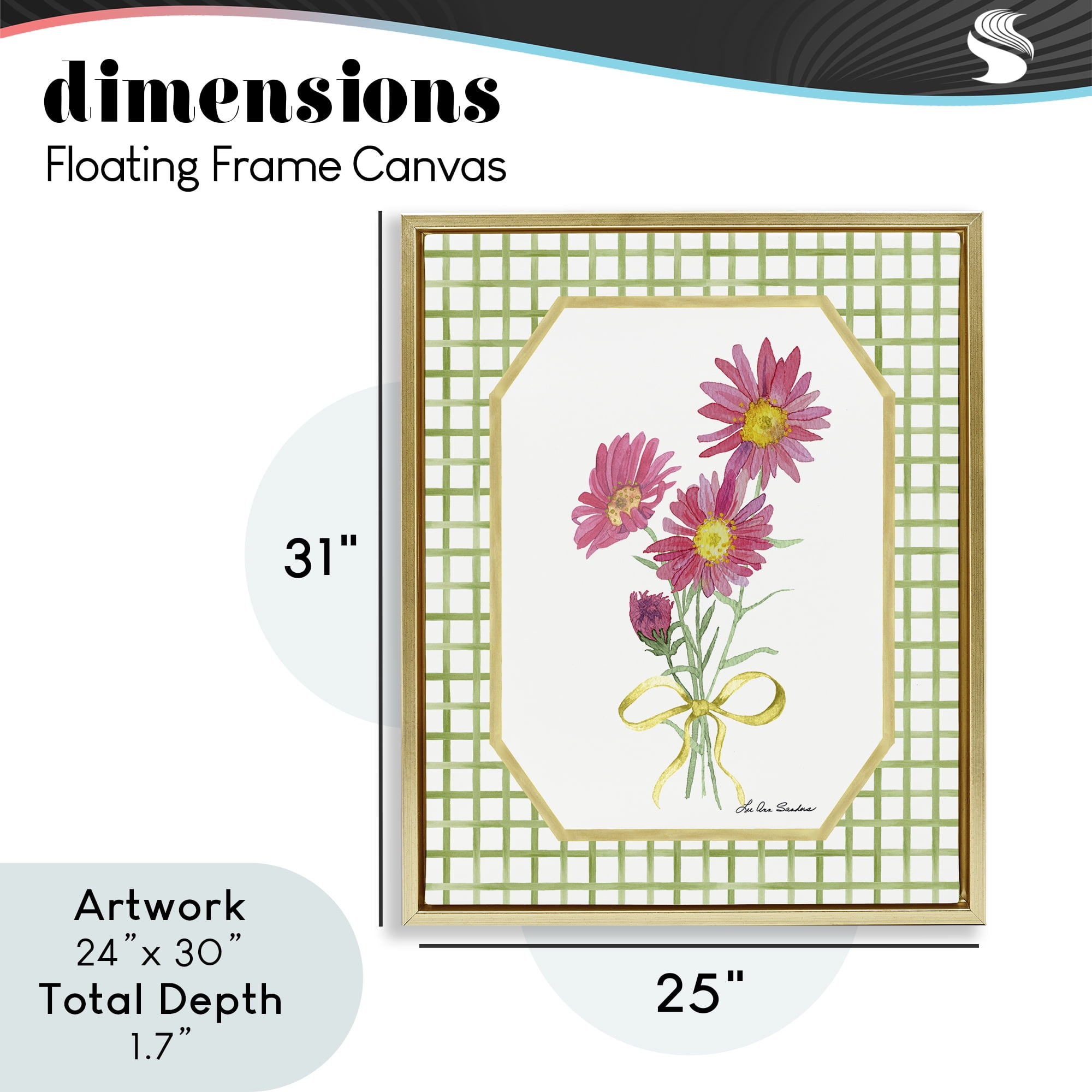 Botanical Story on Gingham Gold Framed Floater Canvas Wall Art, design by Lee Ann Sanders
