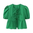 thumbnail image 1 of cfhntfmh Hauts d'Été pour Femmes Mode Col Rond Nœud devant Manches Courtes Bouffantes Chemises Babydoll Blouses Décontractées Amples, 1 of 4