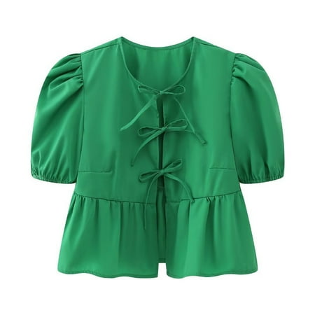 Dovford Women Y2K Puff Short Sleeve Peplum Shirts Tie Front Ruffle Hem Babydoll Blouse Tops Teen Girls Lace up Cute Summer Tops