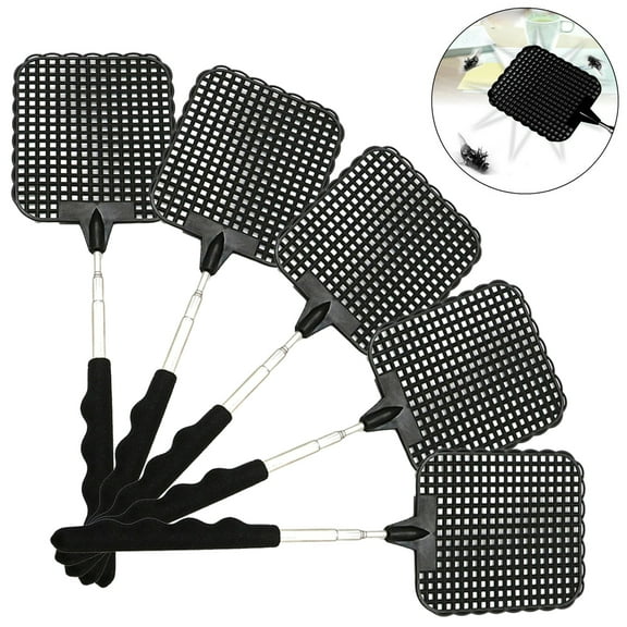 PWFE 5 Pack 29in Black Extendable Telescopic Fly Swatters Heavy Duty Durable Plastic Stainless Flyswatter
