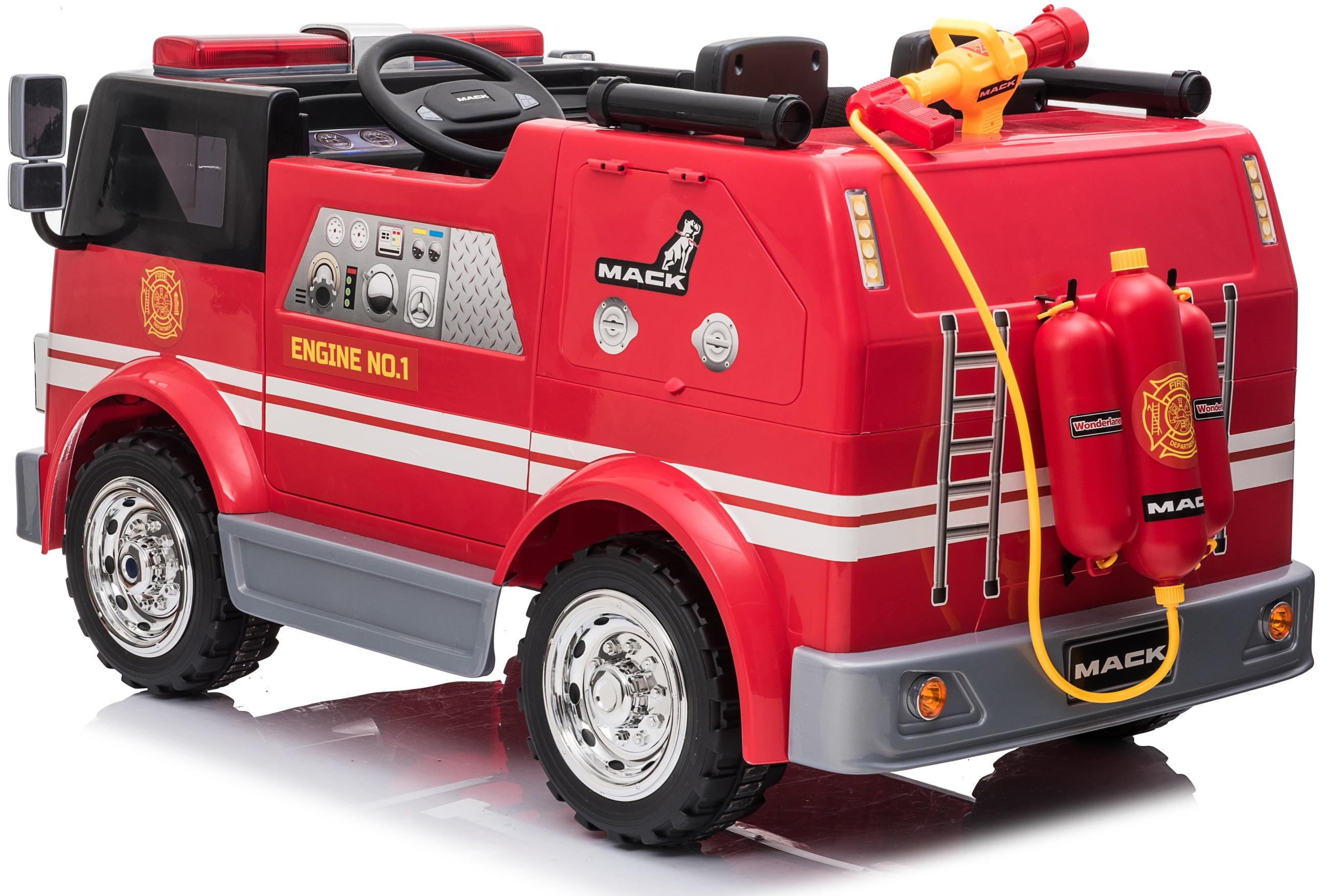 Wonderlanes Mack Truck Fire Engine Two Seater Ride On Siren Light and Sound 12V Battery Powered