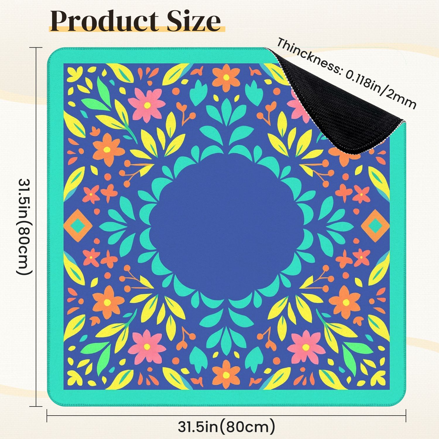 Mahjong Mat 31.5" x 31.5" Vibrant Floral Mandala Bright Colors Geometric Elements Anti-Slip and Noise Reduction Symmetry Design Mahjong Tiles Table Cover for Dominoes Poker Card Board and Tile Games