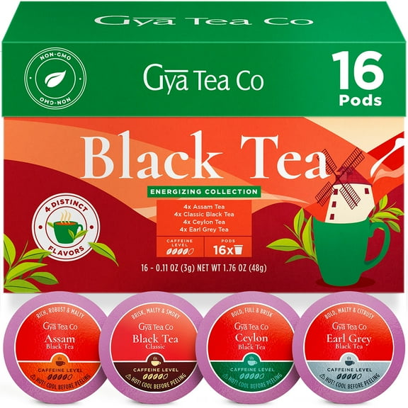 Gya Tea Co Black Tea Pod Gift Set (16ct) - Assam, Black, Ceylon & Earl Grey Tea 4 Flavors