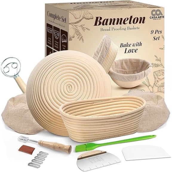 Sourdough Bread Baking Supplies Kit - Danish Dough Whisk, Bread Lame, Proofing Baskets 10 inch Round & 9 Oval, Dough Scrapers, Cooking Brush, Basket Liners Complete Sourdough Starter Bread Making Set