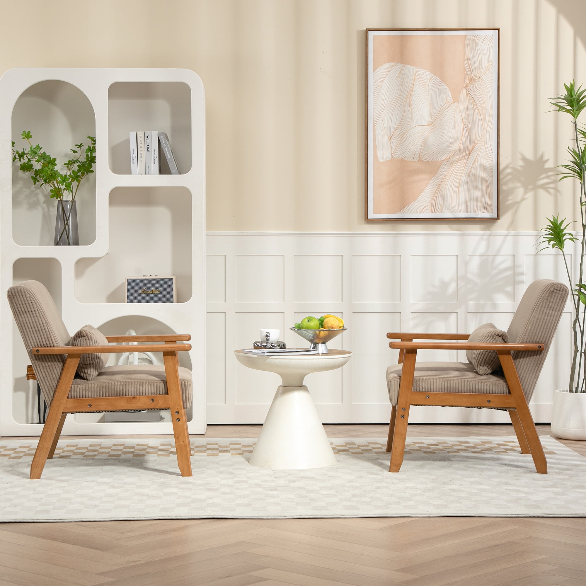 Miniyam Set of 2 Corduroy Mid-Century Modern Accent Chair,Leisure Chair with Solid Wood Armrest and Feet,Living Room Reading Chair,Camel
