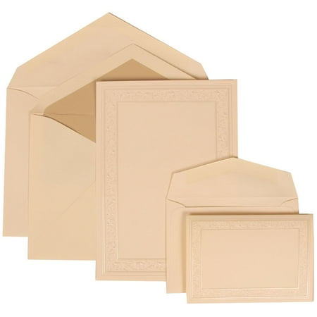 JAM Paper Wedding Invitation Combo Set, 1 Small & 1 Large, Ivory Card with Ecru Lined Envelope and Ivory Heart Vine Border, 150/pck