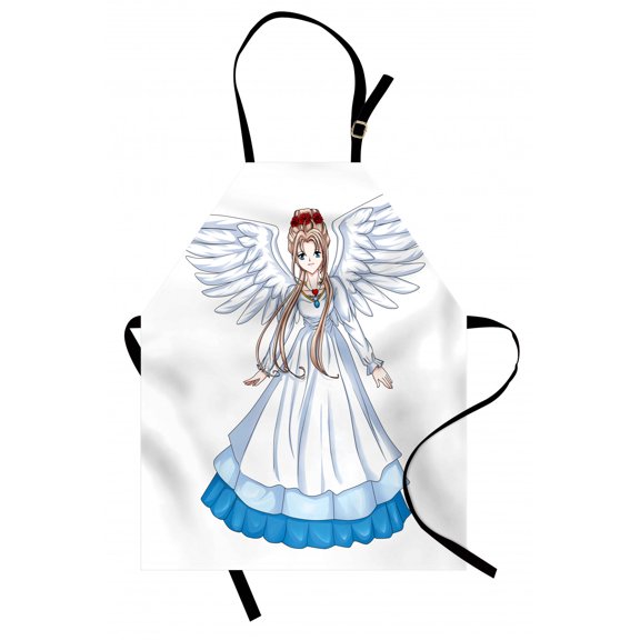Anime Apron Cartoon Illustration of Cute Angel Wings and Flowers Fairytale Japanese Manga Print, Unisex Kitchen Bib Apron with Adjustable Neck for Cooking Baking Gardening, White Blue, by Ambesonne